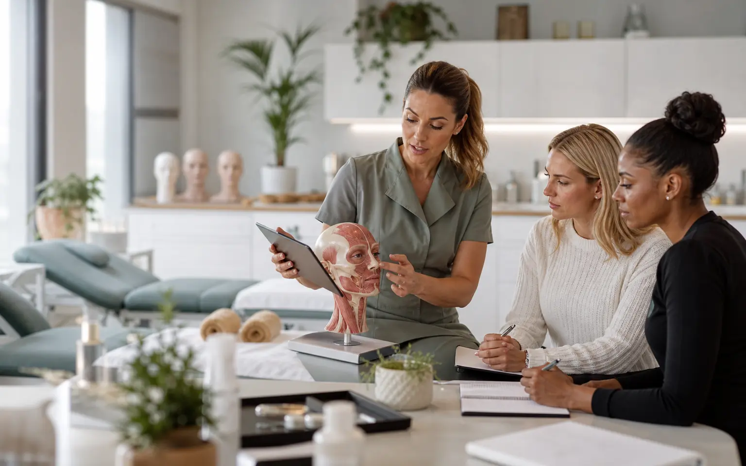 An aesthetics educator teaching a small group of adult professionals in a modern training studio.