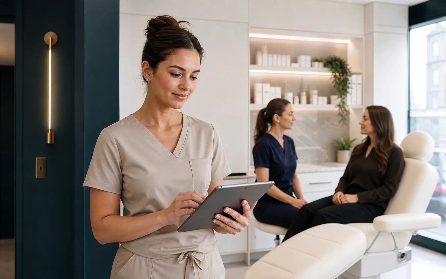A modern aesthetics clinic team working together with a digital tablet.