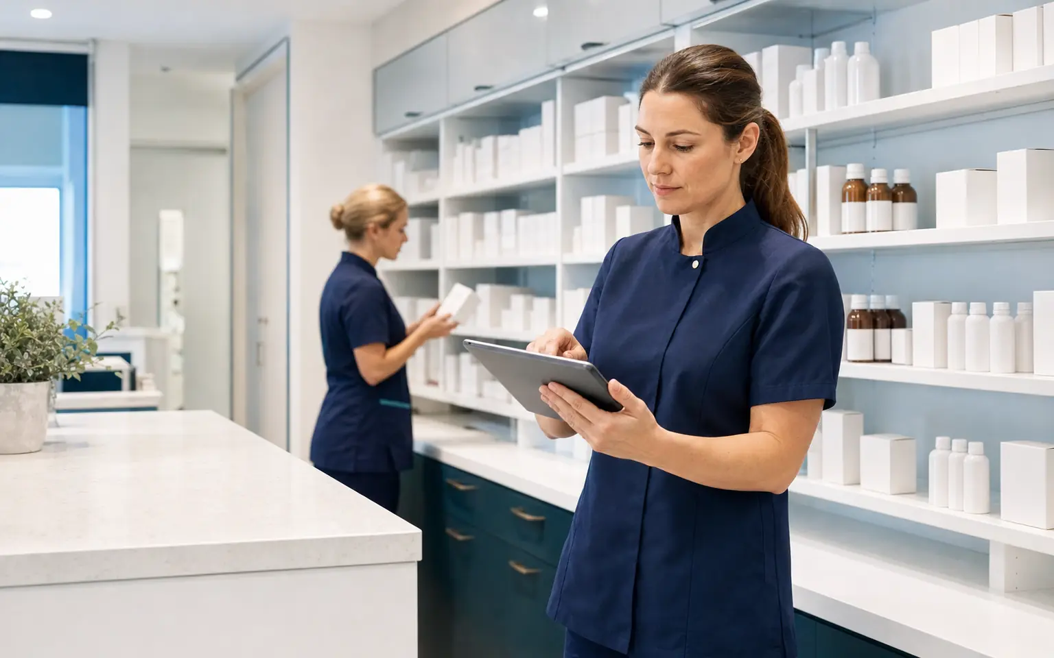 A pharmacist reviewing stock on a tablet inside a clean modern dispensary.