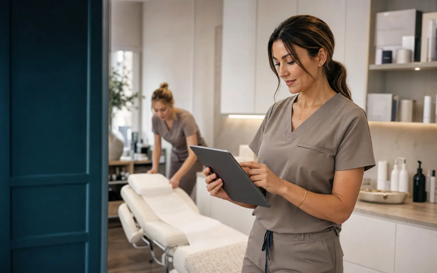 An aesthetics practitioner managing a modern clinic with a digital tablet.