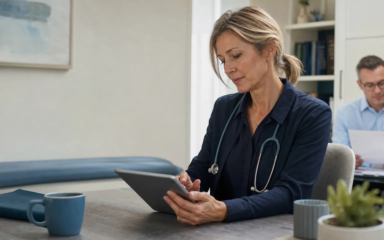 A medical prescriber carefully reviewing information on a tablet in a private clinic office.