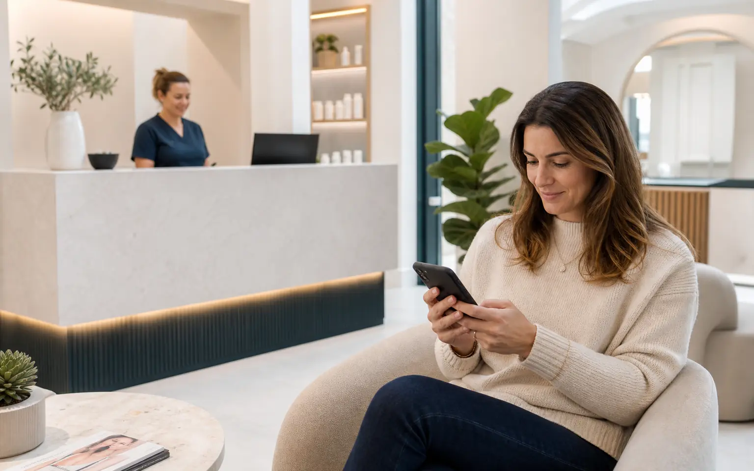 A client using her phone in the reception of a modern aesthetics clinic.