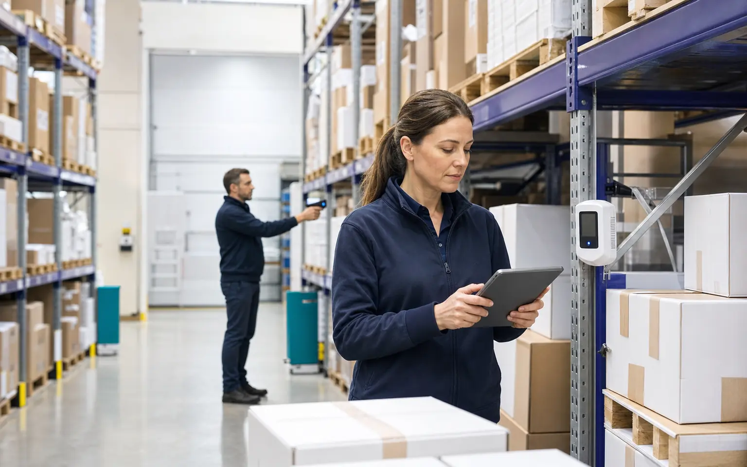 A distribution manager checking sealed healthcare product cartons in a clean warehouse.