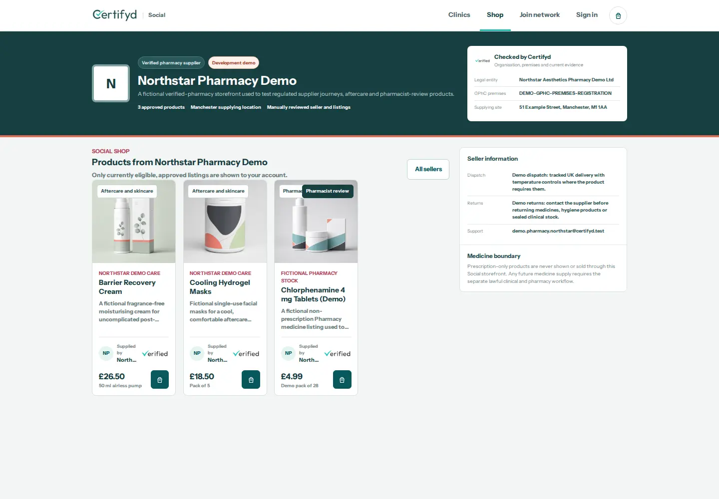 A checked supplier storefront inside Certifyd Social